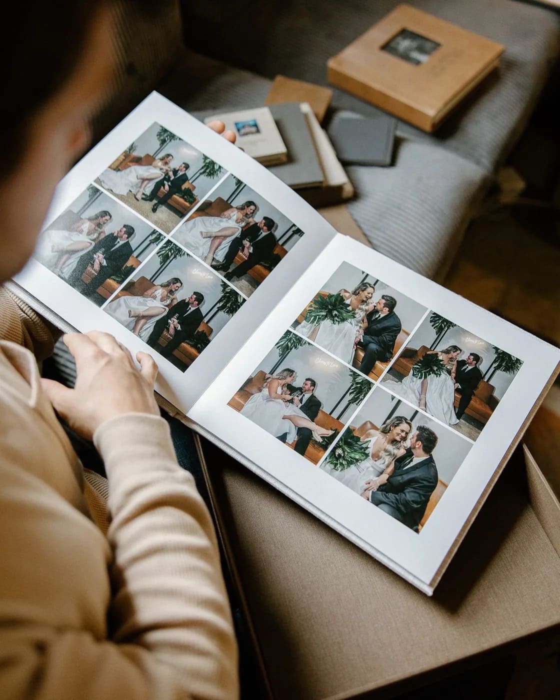 Open personalised photo album showing a panoramic lay-flat spread