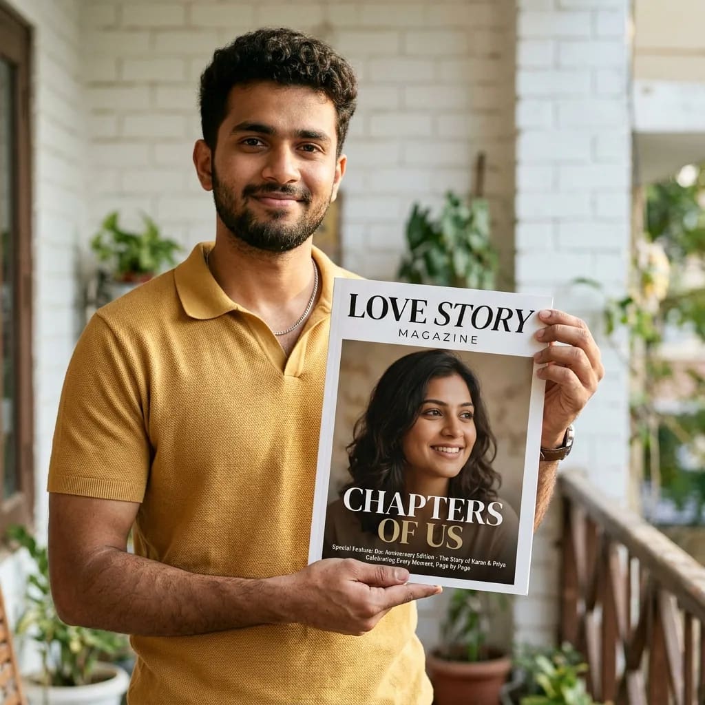 Inside spread of a personalised photo magazine for a girlfriend, with captions and photos